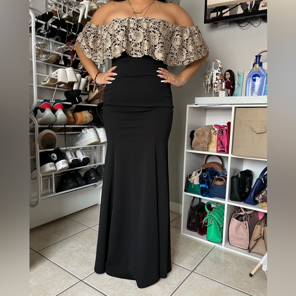 Beautiful long off shoulder black dress with gold floral top